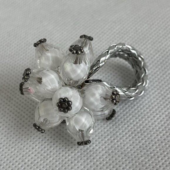 Silver White Beaded Flower Ring Adjustable One Size Fits Any Jewelry - Picture 2 of 4